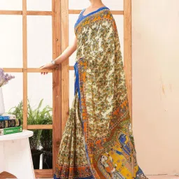 Satrani Cream & Blue Pure Cotton Printed Saree With Unstitched Blouse image 3