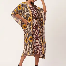 Moomaya Yellow & Brown Printed Kaftan Dress image 3