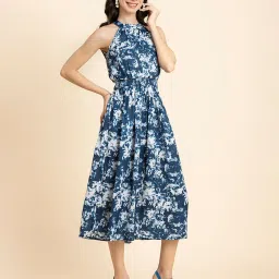 Moomaya Blue & White Floral Print Midi Dress image 3