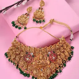 Saraf RS Jewellery Gold Plated Kemp Stone Lakshmi Design with Green Beads Choker Jewellery Set-image-38
