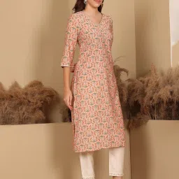 W Peach Floral Print Straight Kurta image 3