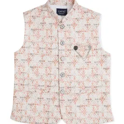 Cavio Kids White & Brown Printed Full Sleeves Nehru Jacket with Shirt image 3