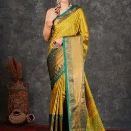 Satrani Lime Green & Teal Green Woven Saree With Unstitched Blouse-image-7