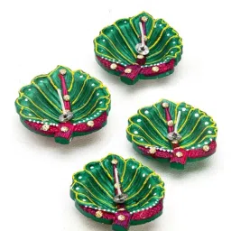 Aapno Rajasthan Green Terracotta Hand painted Leaf Shape Floor Diya - Set of 4 image 2