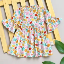Bella Moda Girls Multicolor Cotton Three Fourth Sleeves Printed Bow Applique Dress-picture-25