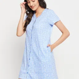 Clovia Blue Cotton Floral Print Night Dress image 3