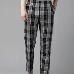 English Navy Grey Cotton Regular Fit Checks Lounge Pants-image-24