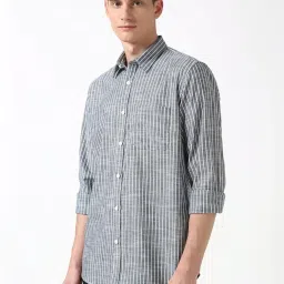 Peter England Grey Cotton Slim Fit Striped Shirt image 3