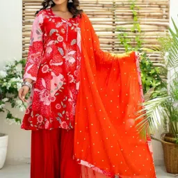 Kaftanize All Over Golden Thread Embroidery With Mirror Work Red & Pink Floral Kurta image 3