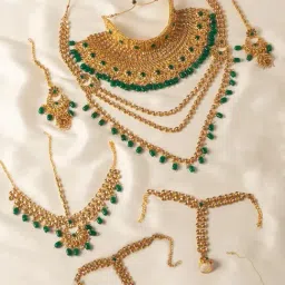 Zaveri Pearls Green Bridal Necklaces Earring Mathapatti Nosering & Ring-Bracelets Set-ZPFK10147-picture-14