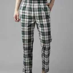 English Navy Beige Cotton Regular Fit Checks Lounge Pants-image-14