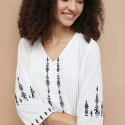 Fame Forever By Lifestyle Off White Cotton Regular Fit Embroidered Top image 4