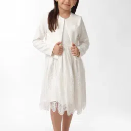 Kate & Oscar Girls White Self Design Full Sleeves Dress with Jacket-picture-34