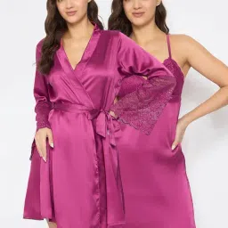 Clovia Pink Chic Basic Padded Babydoll & Robe - Satin & Lace-image-7