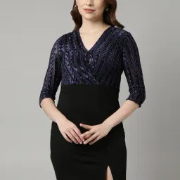 SHOWOFF Navy Self Design Bodycon Dress-image-5