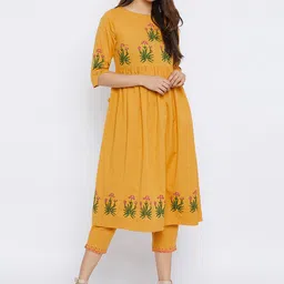 Bitterlime Women Mustard Yellow Block Print Kurta with Trousers image 3