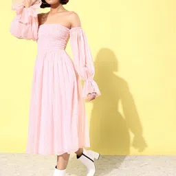 ANVI Be Yourself Animal Print Off-Shoulder Bell Sleeves Chiffon Fit & Flare Midi Dress image 4