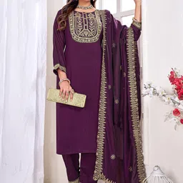 Ekta Textiles Women Ethnic Motifs Embroidered Regular Thread Work Kurta with Trousers & With Dupatta image 1