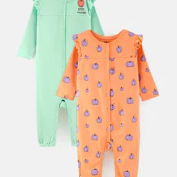 Doodle Poodle Cotton Knit Full Sleeves Pumpkin Printed Romper Pack Of 2 - Peach & Green-image-36