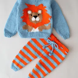 Woonie Full Sleeves Hand knitted Lion Face Detailed CoordinatingSweater & Pant Set - Blue-picture-19