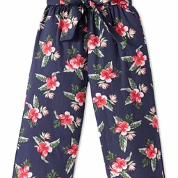 CrayonFlakes Cotton Floral Printed Palazzo With Attached Belt - Navy Blue-picture-25