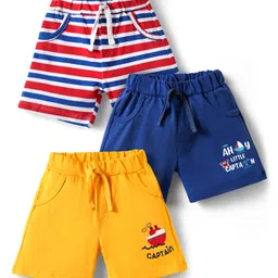 Doodle Poodle 100% Cotton Knee Length Shorts With Stripes & Nautical Theme Print Pack Of 3 - Yellow Blue & Red-picture-25