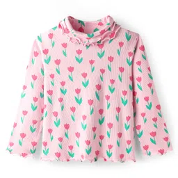 Babyhug Cotton Elastane Knit Full Sleeves Turtle Neck Winter T-Shirt with Floral Print - Pink-picture-29