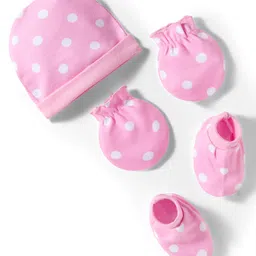 Babyhug 100% Cotton Knit Cap Mittens & Booties With Polka Dot Print Pink - Diameter 11 cm-picture-25