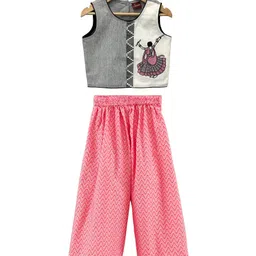 Twisha Cotton Woven Sleeveless Dancing Girl Embroidered Top With Palazzo Set - Grey & Coral-picture-10