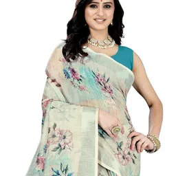SSHAGUN LIFESTYLE Cream Floral Print Bollywood Cotton Blend Saree image 3