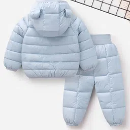 Mark & Mia Full Sleeves Winter Wear Solid Hooded Jacket & Pant Set With Ear Applique - Light Blue image 2