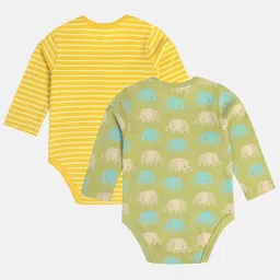 MINI KLUB Cotton Knit Pack Of 2 Full Sleeves Elephant Printed & Striped Onesies - Olive Green & Mustard image 3