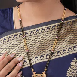 TKRB SALES Gold-Plated Artificial Stones Studded & Beaded Vati Mangalsutra With Earrings image 2