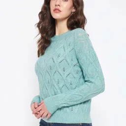 MADAME Sea Green Self Pattern Sweater image 3