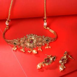 Saraf RS Jewellery Gold Plated Red AD Studded Floral Choker Jewellery Set-picture-47