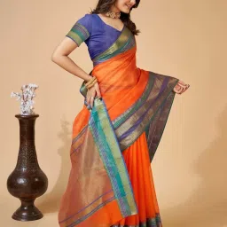 Anjaneya Sarees Orange Cotton Woven Saree With Unstitched Blouse image 3