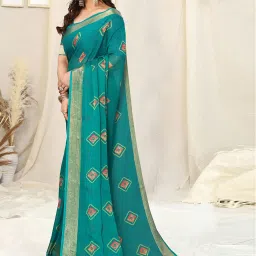 Mirchi Fashion Teal Chiffon Block Print Saree With Unstitched Blouse image 3
