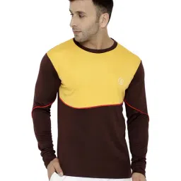 Chkokko Yellow & Brown Regular Fit Colour Block Sports T-Shirt-picture-10