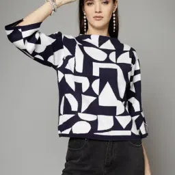 Mafadeny Navy & White Printed Sweater-image-4