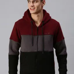 showoffff SHOWOFF Maroon Slim Fit Colour Block Hooded SweatShirt-picture-28