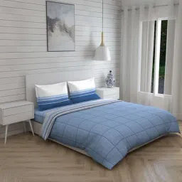 Layers Lombardy Checks Blue 140 TC Cotton Queen Bedding Set-image-3