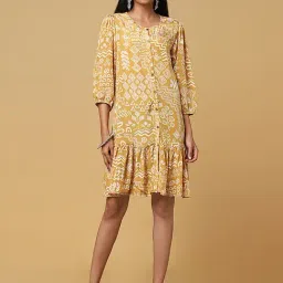 Marigold Lane Mustard Printed A-Line Dress-picture-40