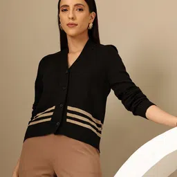 Chemistry Striped V-Neck Center Front Open Cardigan with Ribbed Hem-picture-10