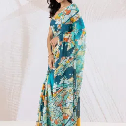 navyasa by liva Blue Printed Saree With Unstitched Blouse image 3