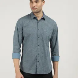 Dragon Hill Metal Blue Cotton Slim Fit Printed Shirt-image-3