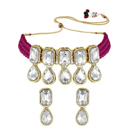 Peora Crystal Studded Maroon Ethnic Choker Necklace with Earrings Jewellery Set image 3