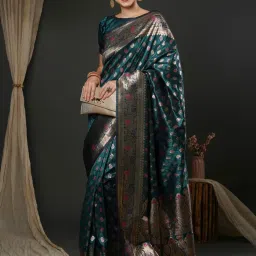 Saree Mall Blue Woven Saree With Unstitched Blouse image 3