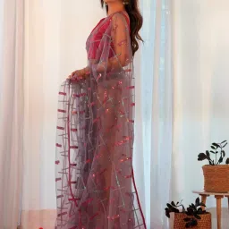 Saree Mall Grey Embellished Saree With Unstitched Blouse image 3