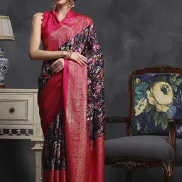 Saree Mall Navy & Pink Silk Printed Saree With Unstitched Blouse image 3