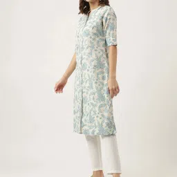 Divena Off-White & Blue Cotton Printed A Line Kurta image 3